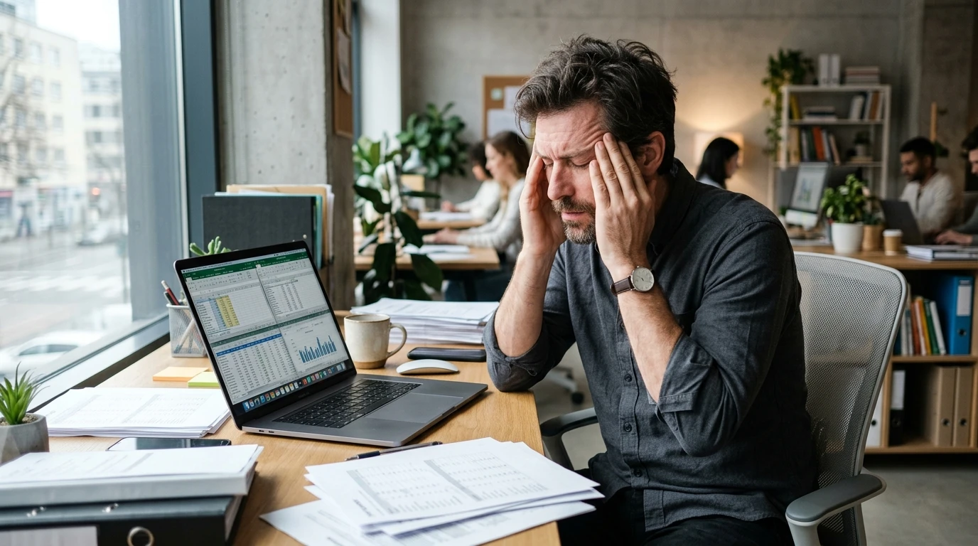 Un propietario de pequeña empresa frustrado sentado en un escritorio rodeado de múltiples hojas de cálculo de Excel en la pantalla del portátil, luciendo abrumado, configuración de oficina moderna, luz natural, estilo de fotografía realista