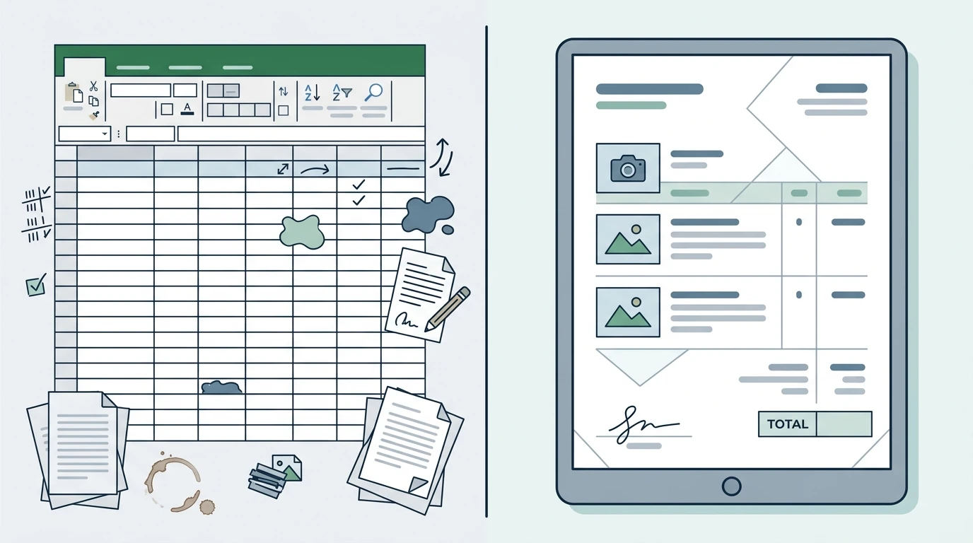 Imagen dividida: el lado izquierdo muestra una hoja de cálculo de Excel desordenada con entrada de datos manual, el lado derecho muestra una cotización digital pulida con imágenes de productos y diseño limpio, ilustración de estilo comparativo